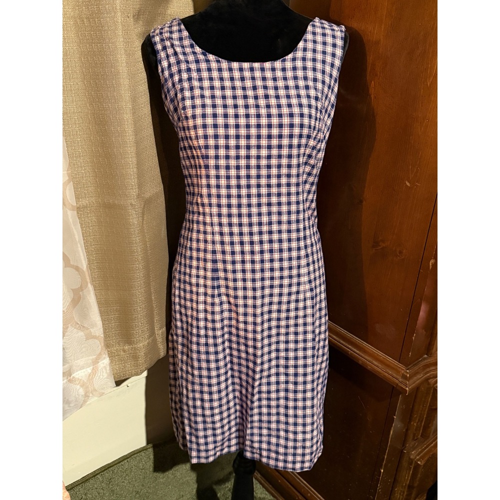 Handmade Plaid Sleeveless Shift Dress Medium Navy Blue Red White - Picture 3 of 8